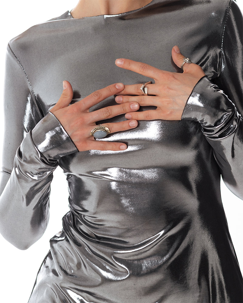 Довга срібна сукня з рукавами