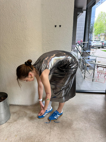 Silver sleeveless midi evening dress