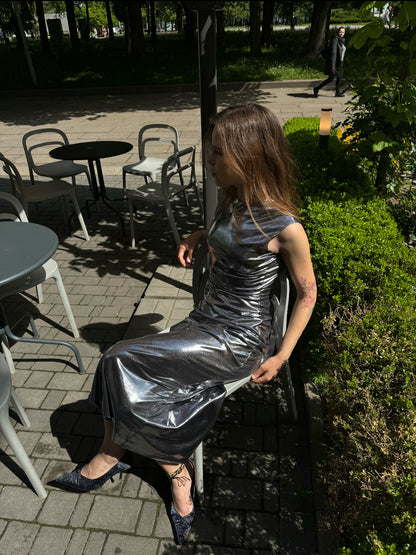 Silver sleeveless midi evening dress