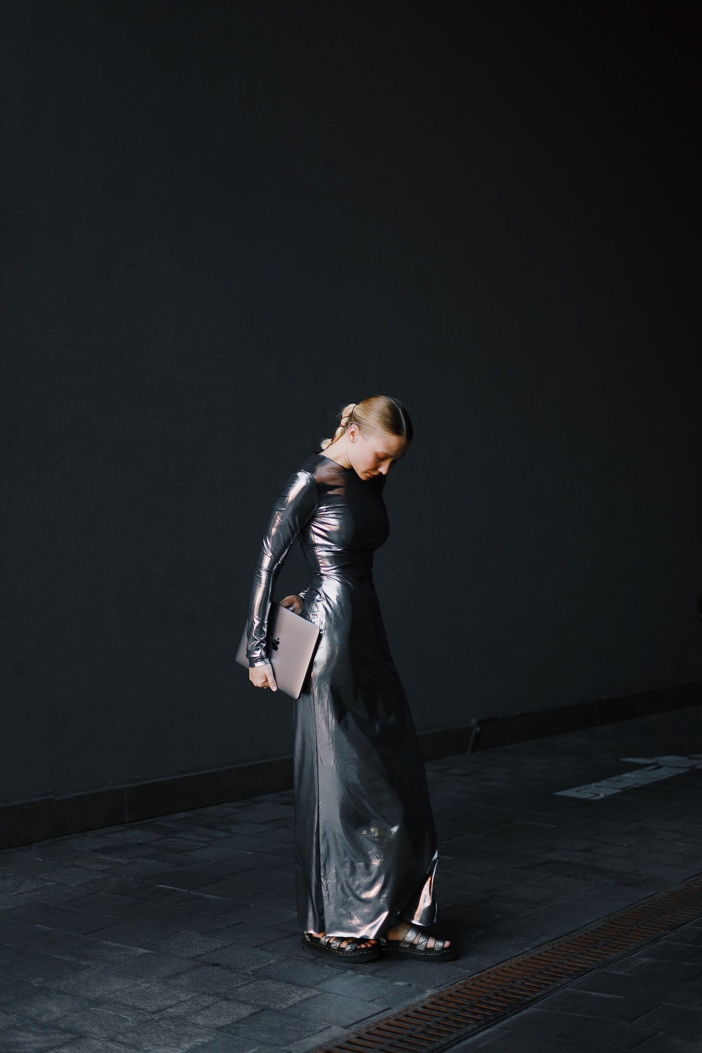 Довга срібна сукня з рукавами