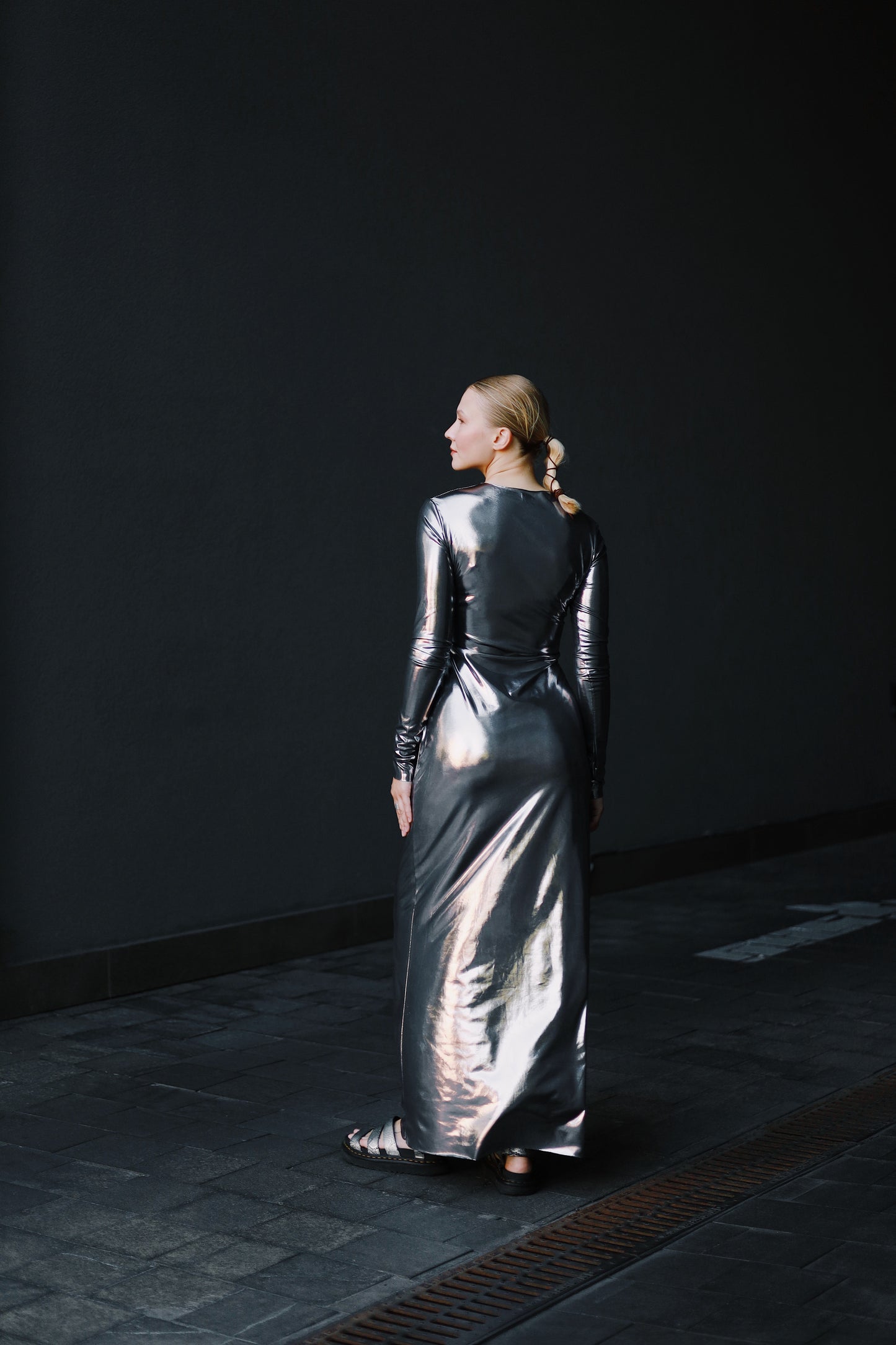 Довга срібна сукня з рукавами