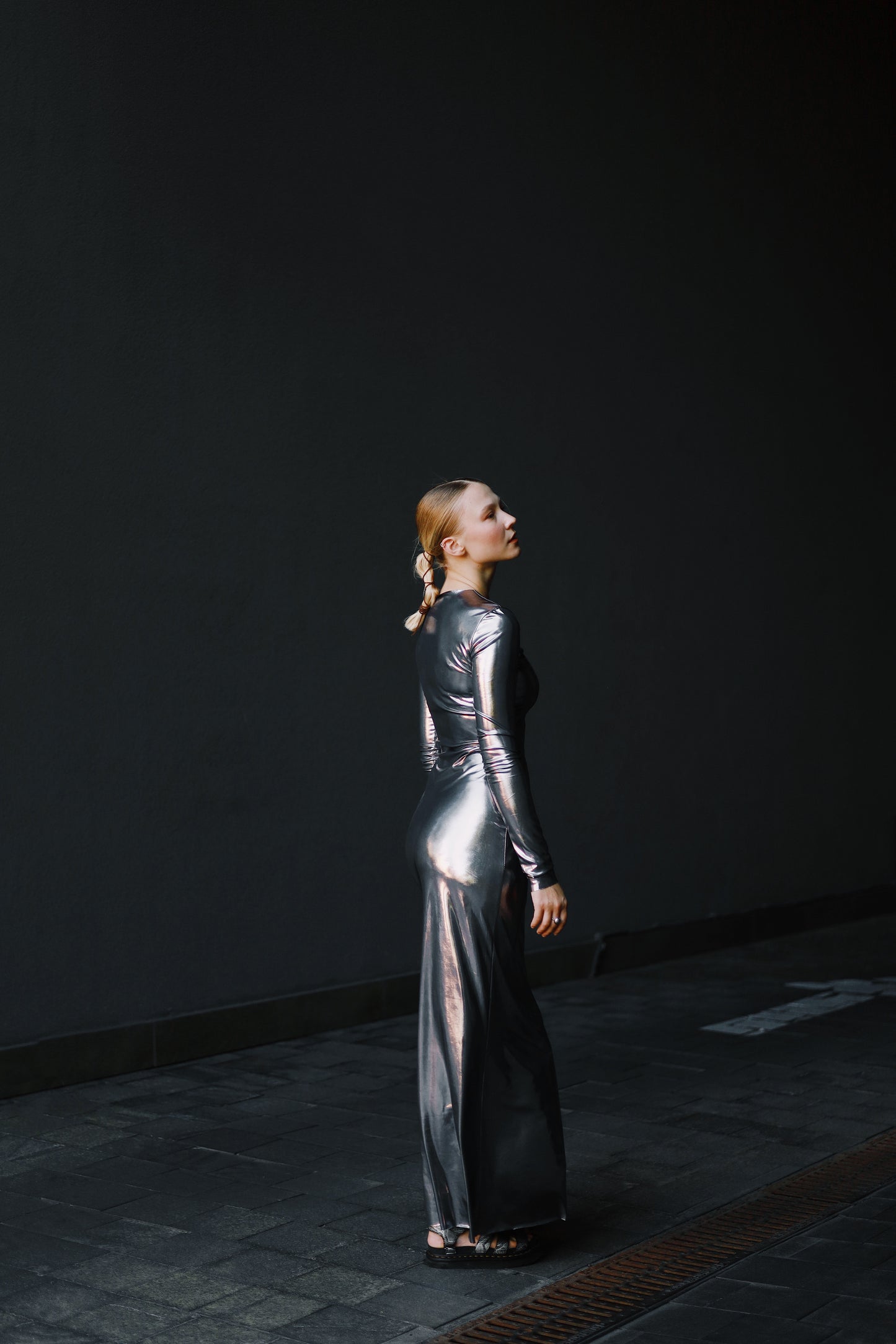 Довга срібна сукня з рукавами