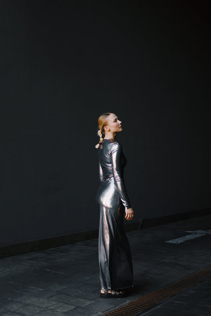 Довга срібна сукня з рукавами