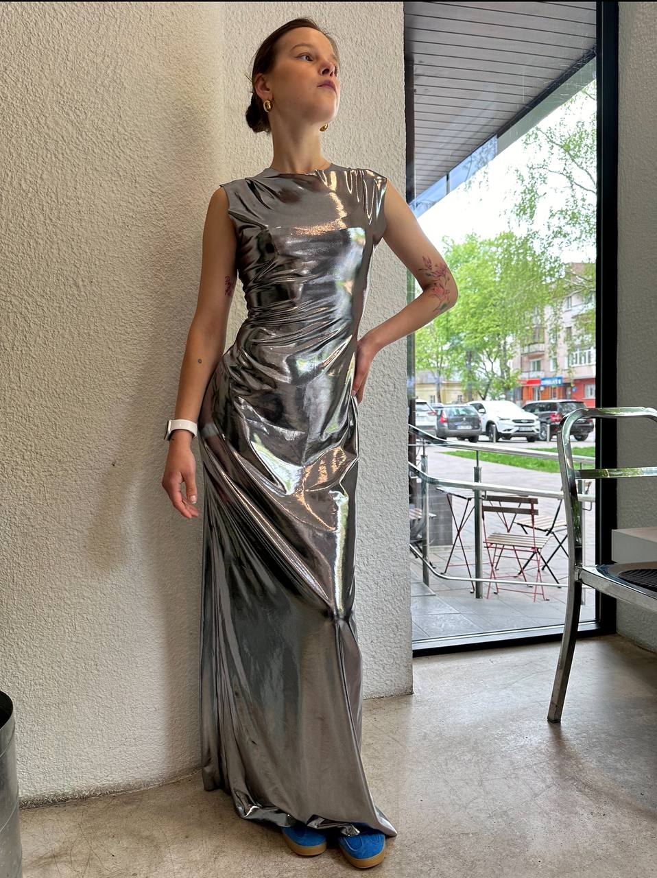 Silver sleeveless maxi evening dress