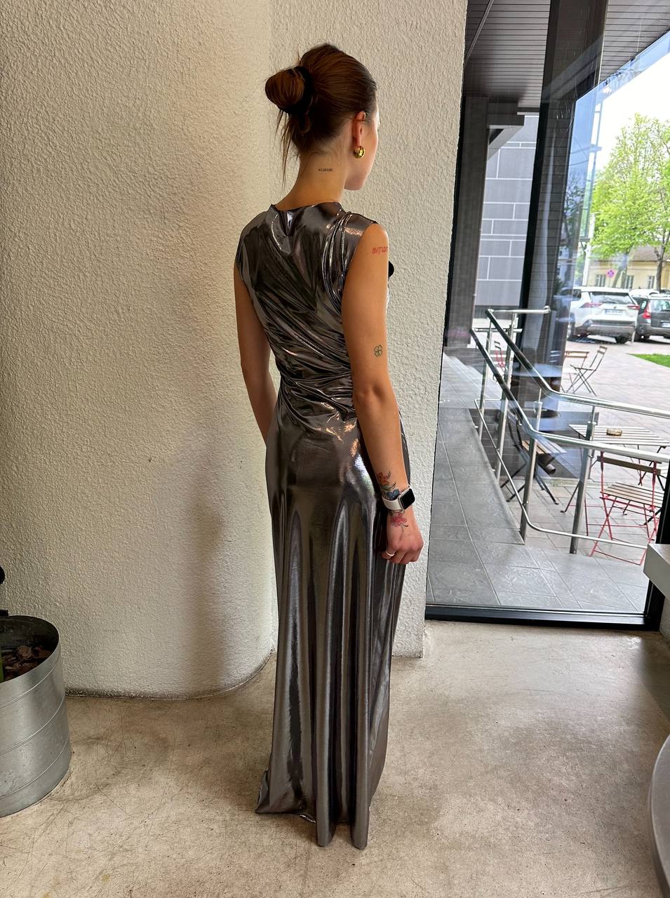 Silver sleeveless maxi evening dress