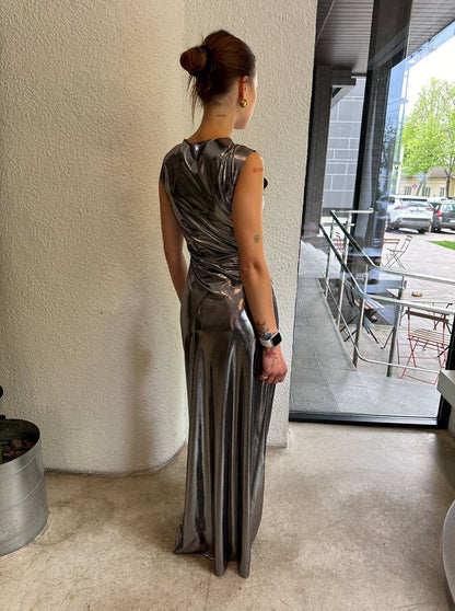 Silver sleeveless maxi evening dress