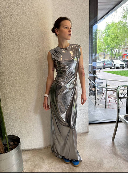 Silver sleeveless maxi evening dress