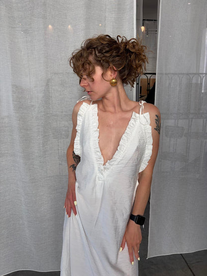 white long dress with ruffles