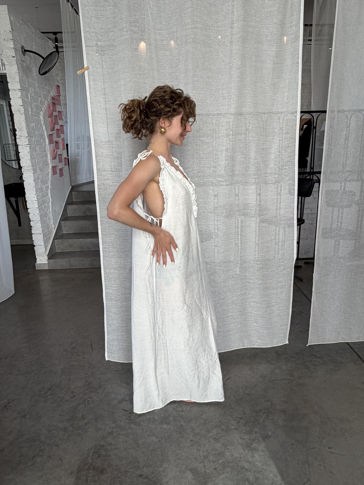 white long dress with ruffles and straps