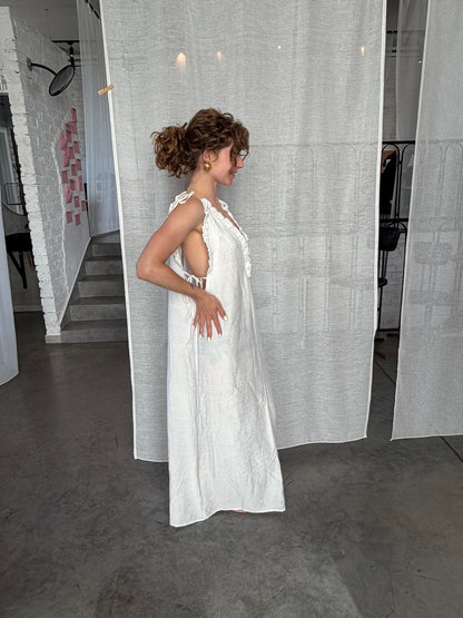 white long dress with ruffles and straps